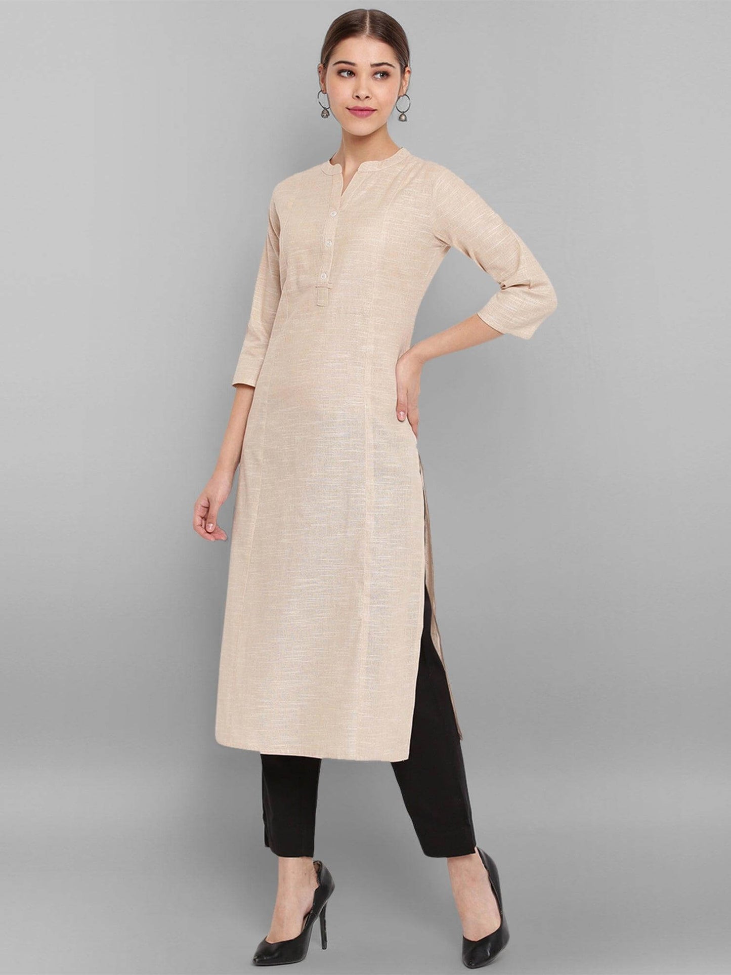 Beige Cotton Flex Woven Design Straight Kurta