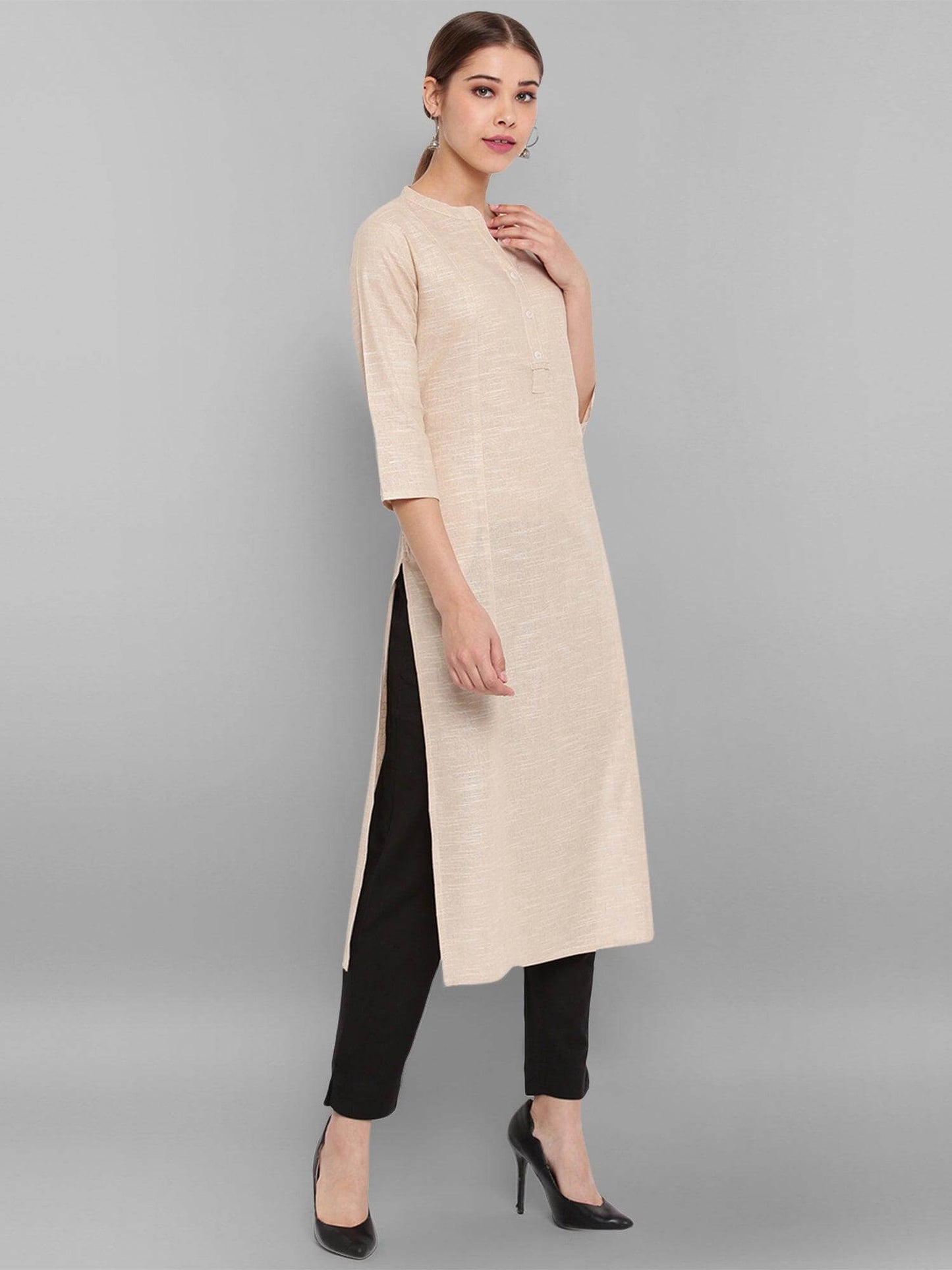 Beige Cotton Flex Woven Design Straight Kurta