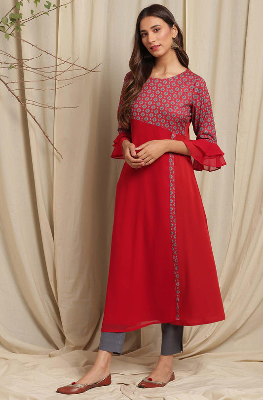 Maroon Poly Crepe Digital Print A-line Kurta