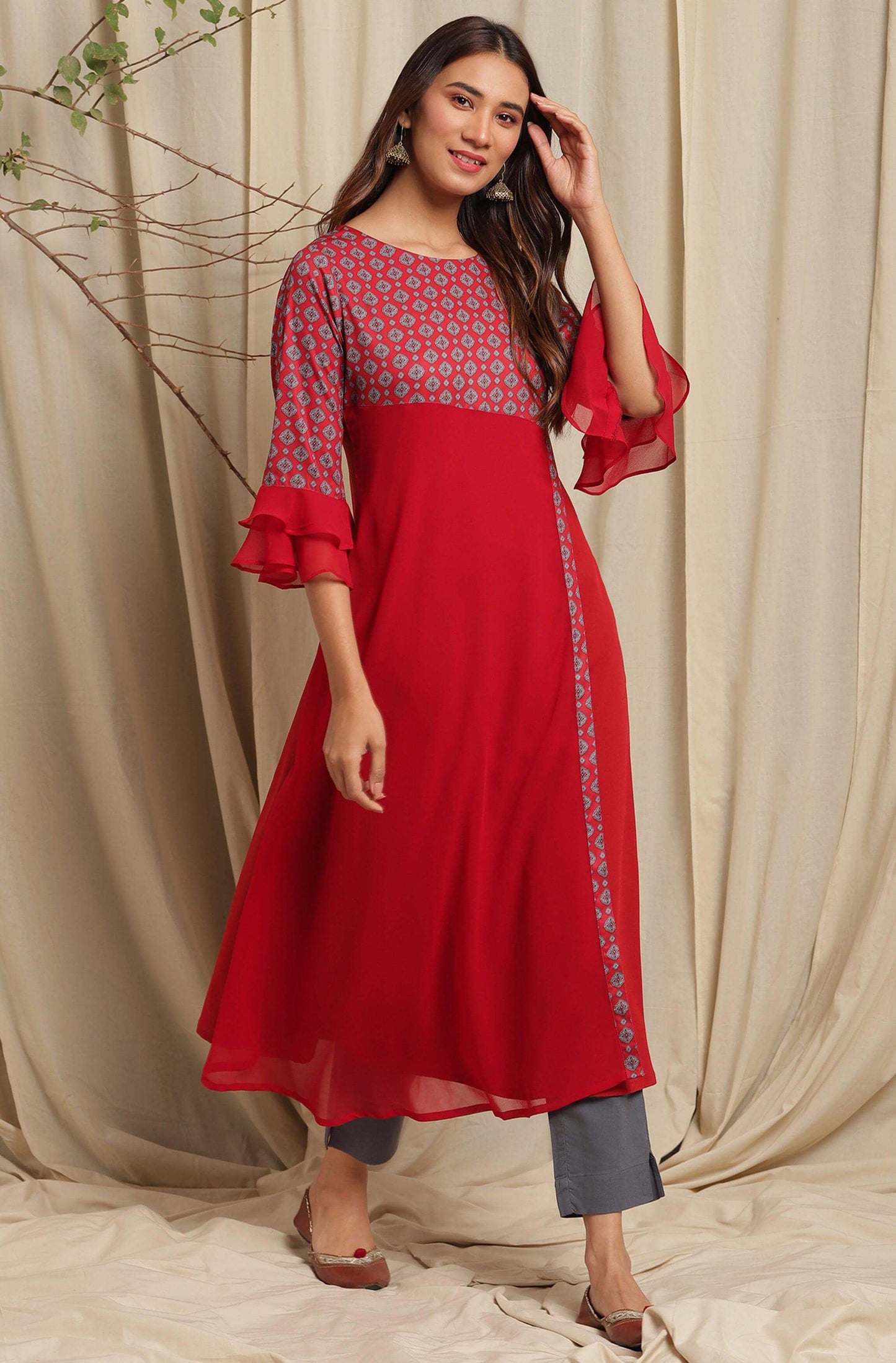 Maroon Poly Crepe Digital Print A-line Kurta