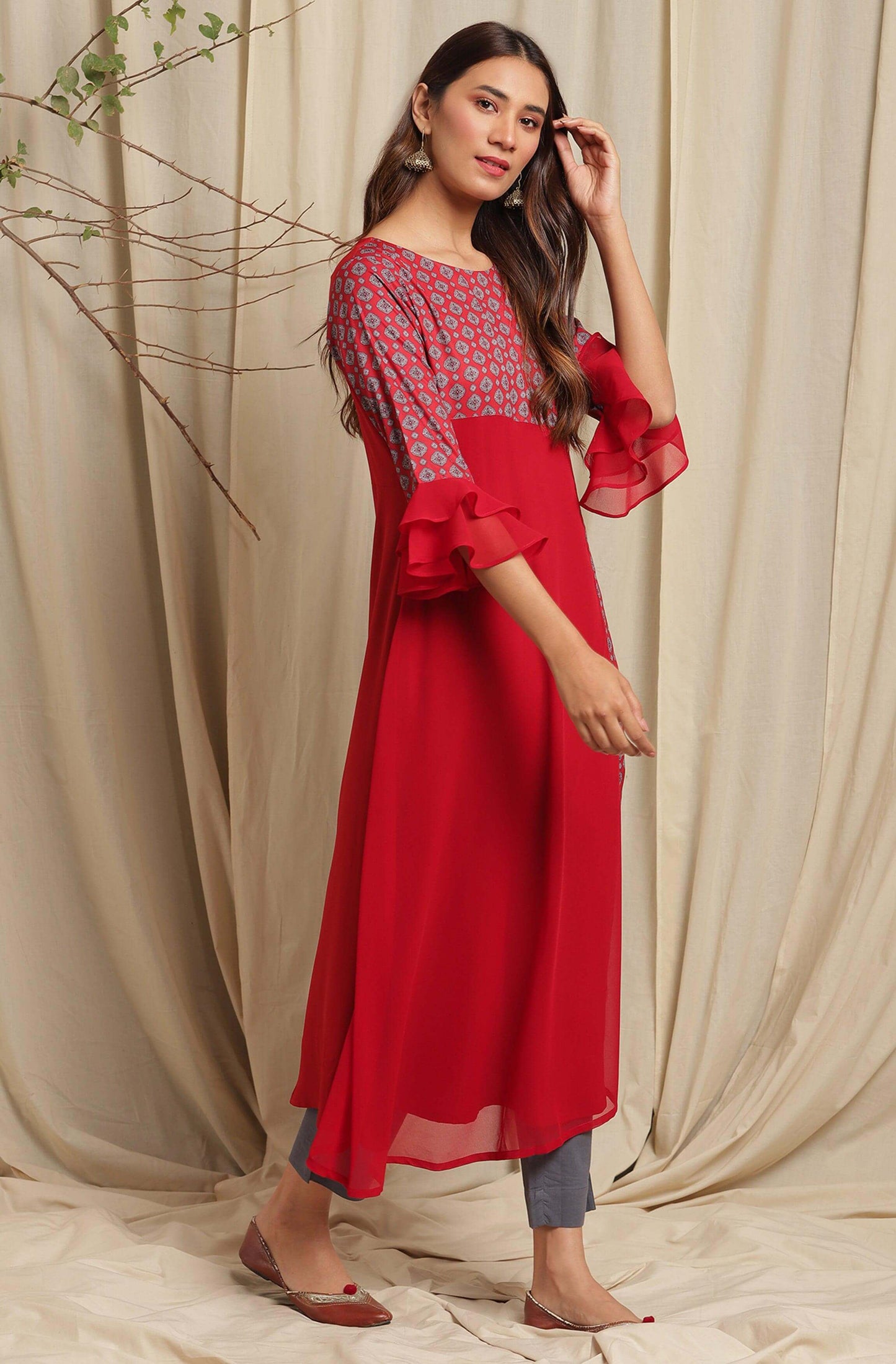 Maroon Poly Crepe Digital Print A-line Kurta