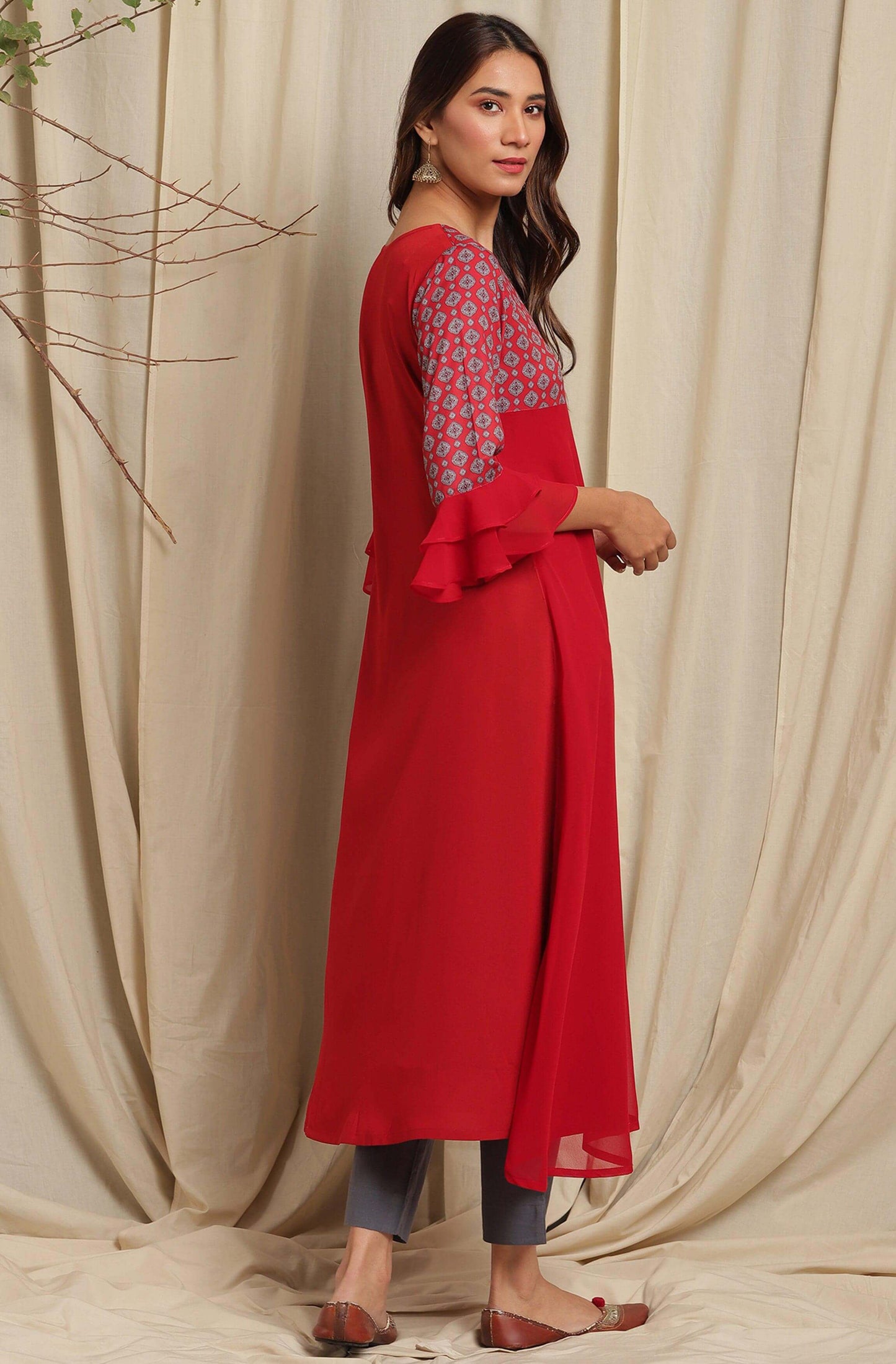 Maroon Poly Crepe Digital Print A-line Kurta
