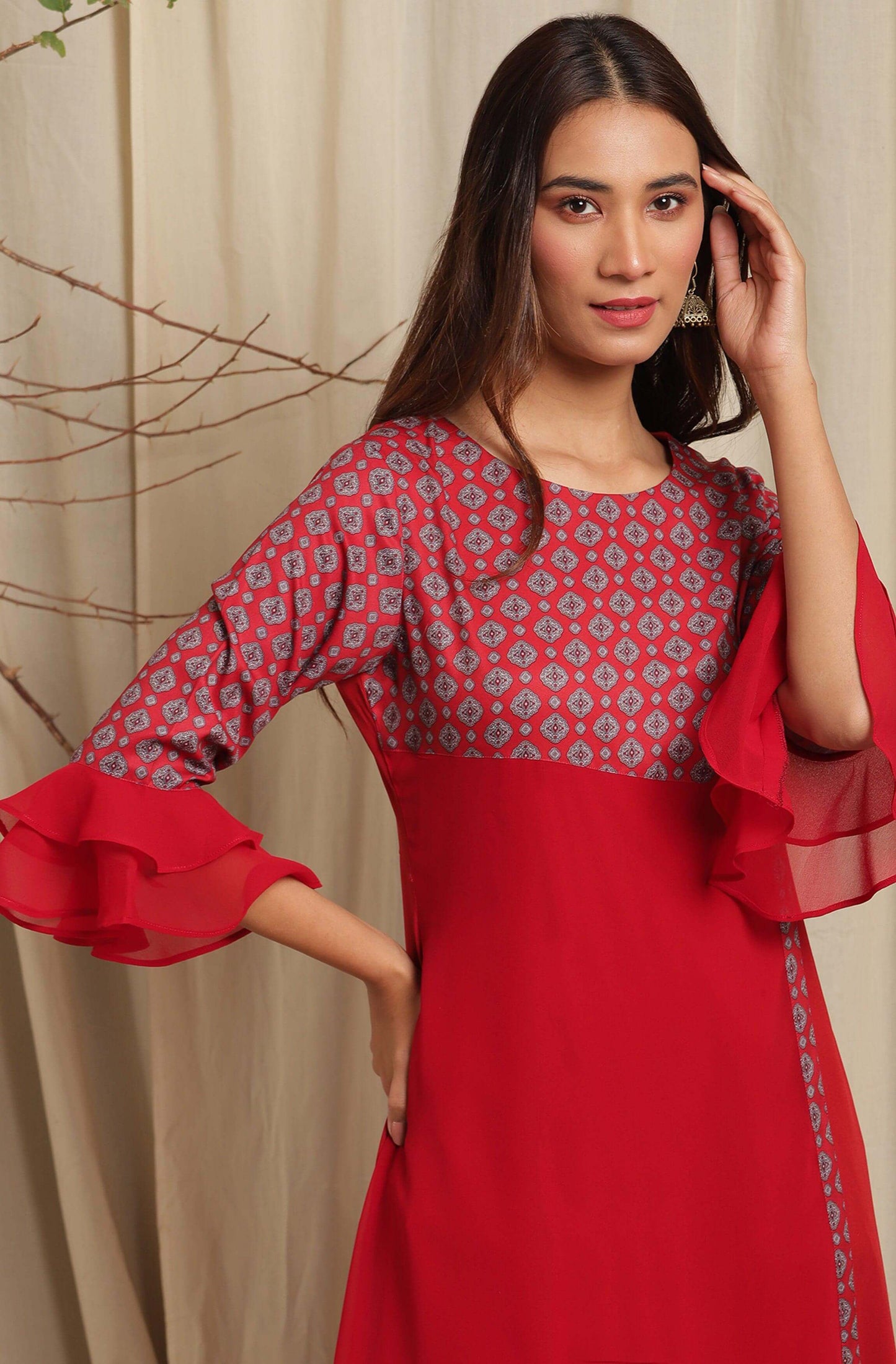 Maroon Poly Crepe Digital Print A-line Kurta