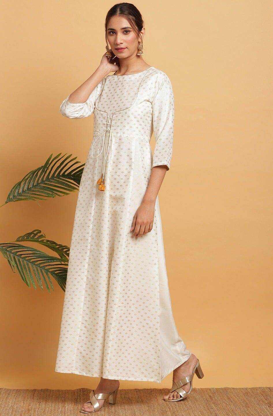 Off White Poly Silk Gold Print Anarkali Kurta