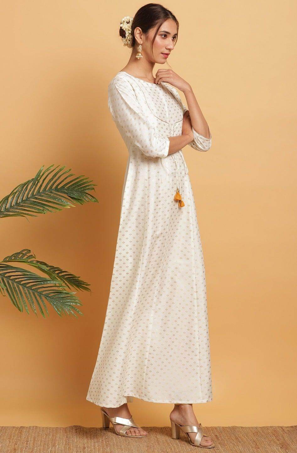 Off White Poly Silk Gold Print Anarkali Kurta
