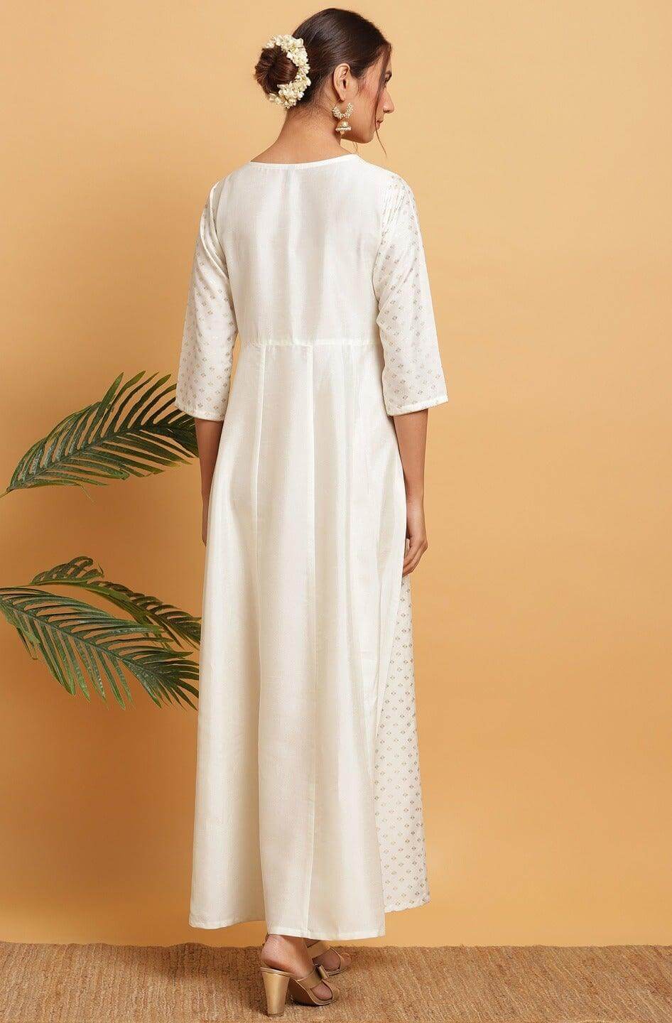 Off White Poly Silk Gold Print Anarkali Kurta