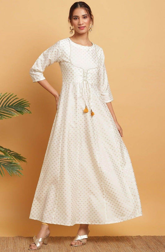 Off White Poly Silk Gold Print Anarkali Kurta
