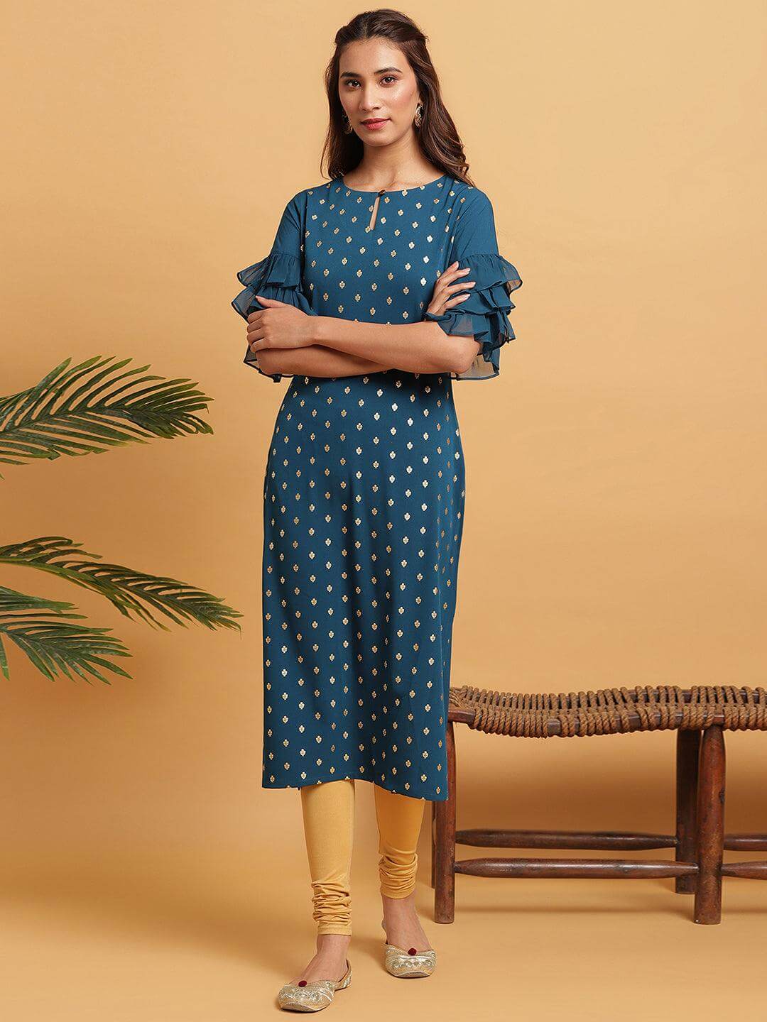 Teal Poly Crepe Foil Print Straight Kurta