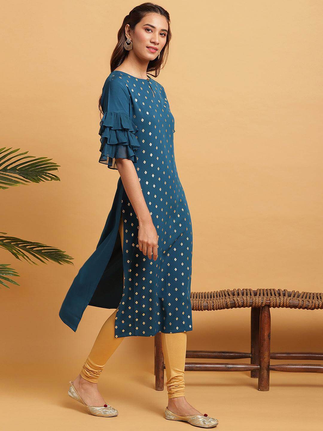 Teal Poly Crepe Foil Print Straight Kurta
