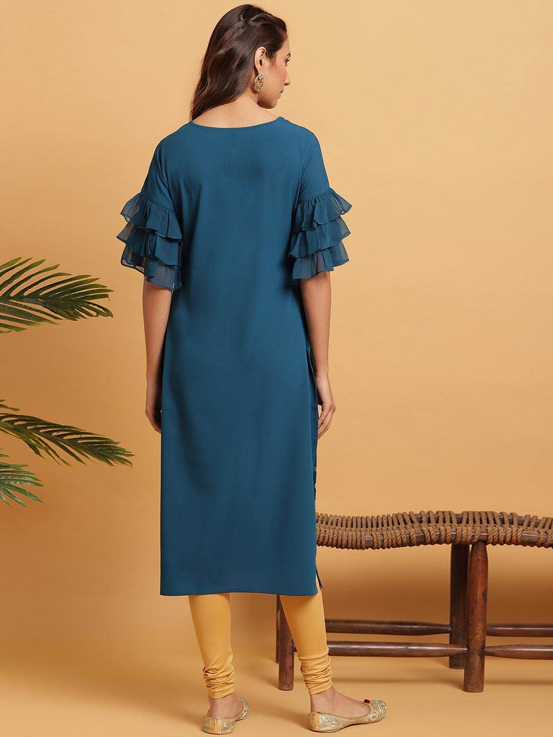 Teal Poly Crepe Foil Print Straight Kurta