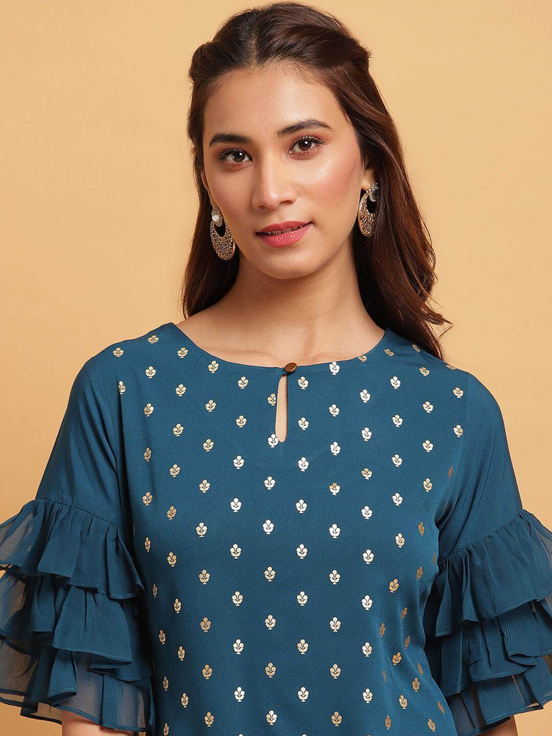 Teal Poly Crepe Foil Print Straight Kurta