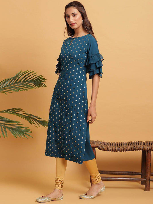 Teal Poly Crepe Foil Print Straight Kurta