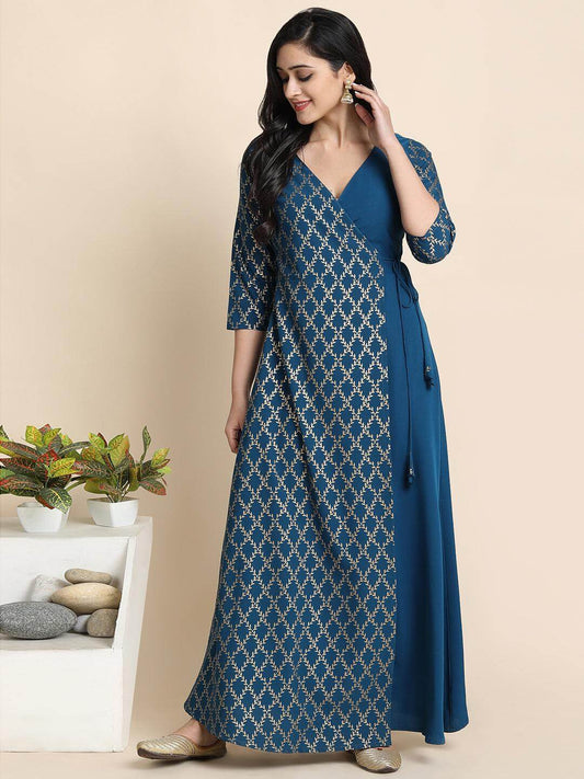 Teal Poly Crepe Printed Angarakha Kurta