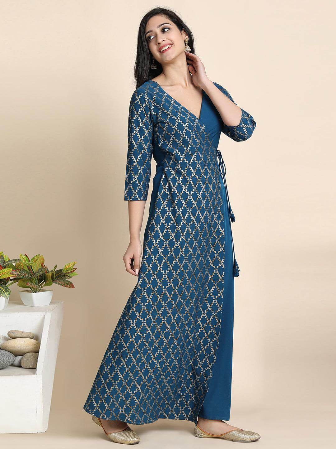 Teal Poly Crepe Printed Angarakha Kurta