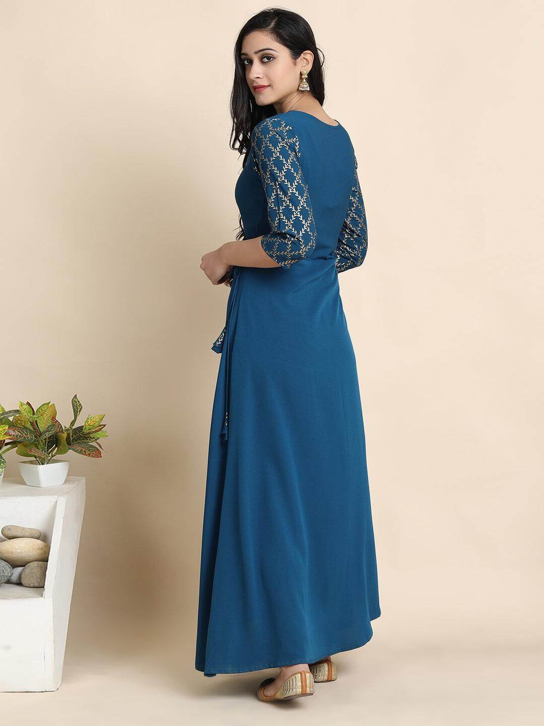 Teal Poly Crepe Printed Angarakha Kurta
