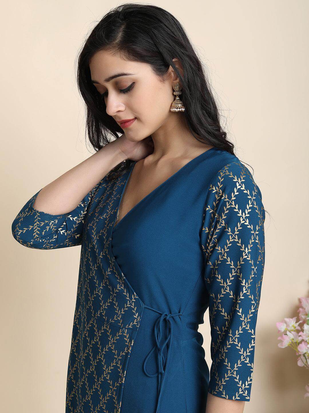 Teal Poly Crepe Printed Angarakha Kurta