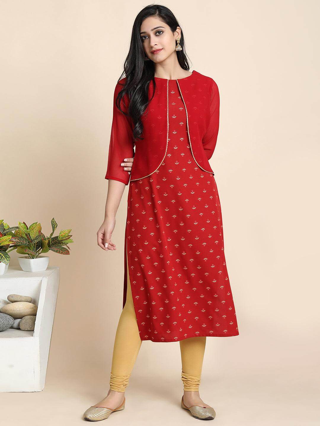 Maroon Poly Crepe Floral Print Straight Kurta