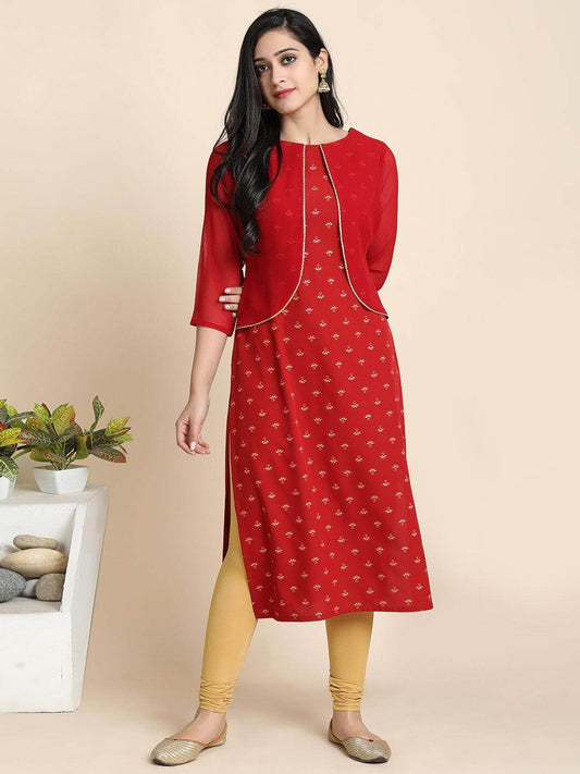 Maroon Poly Crepe Floral Print Straight Kurta