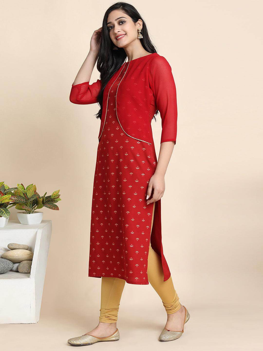 Maroon Poly Crepe Floral Print Straight Kurta