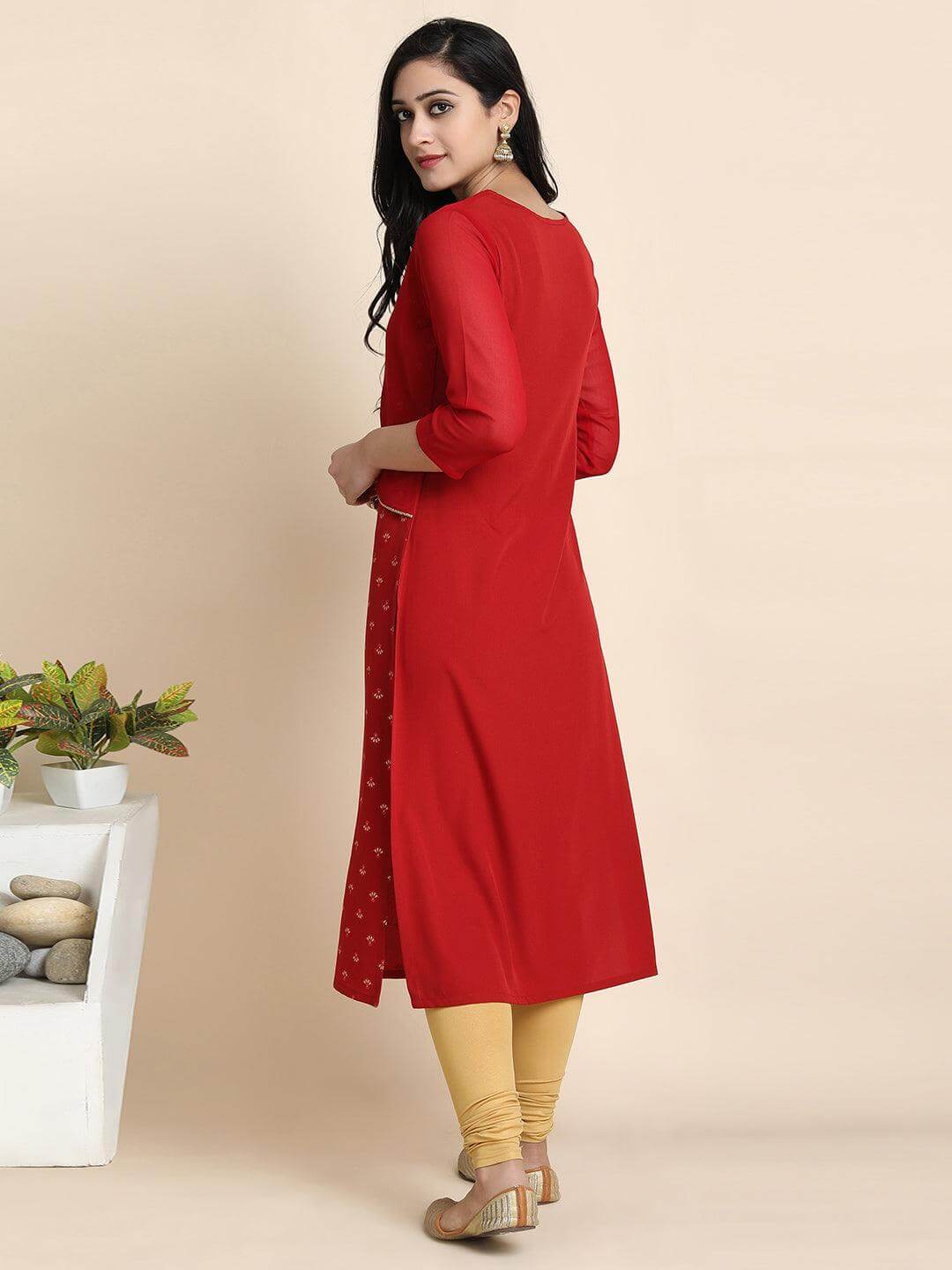 Maroon Poly Crepe Floral Print Straight Kurta