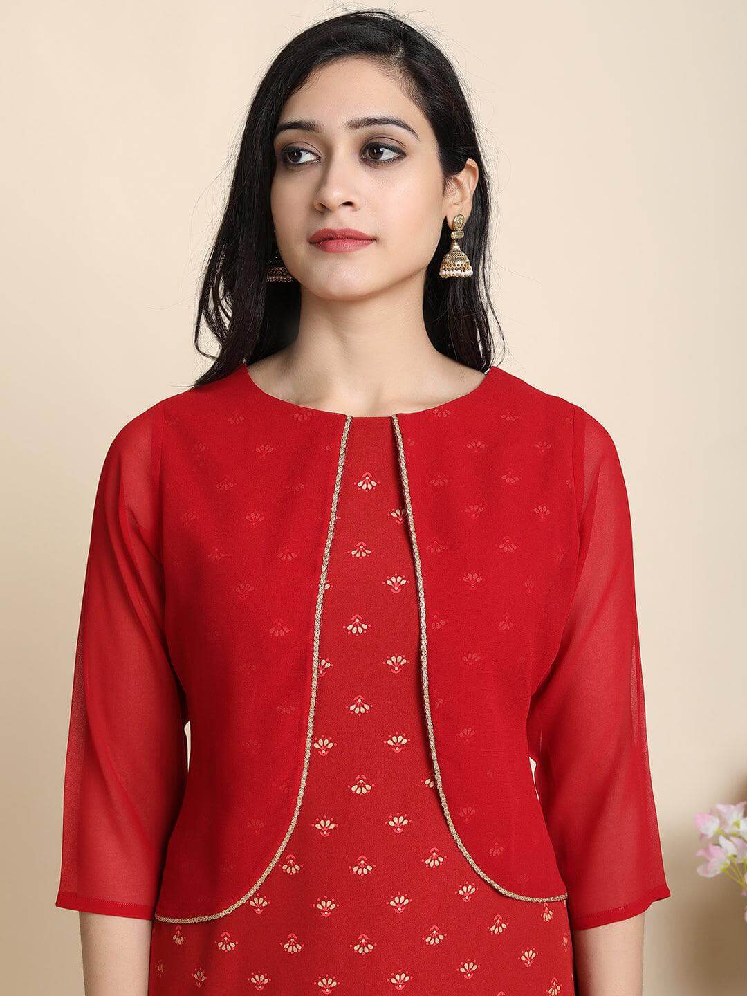 Maroon Poly Crepe Floral Print Straight Kurta