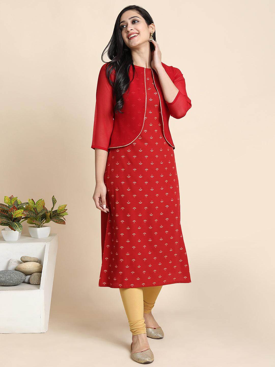 Maroon Poly Crepe Floral Print Straight Kurta