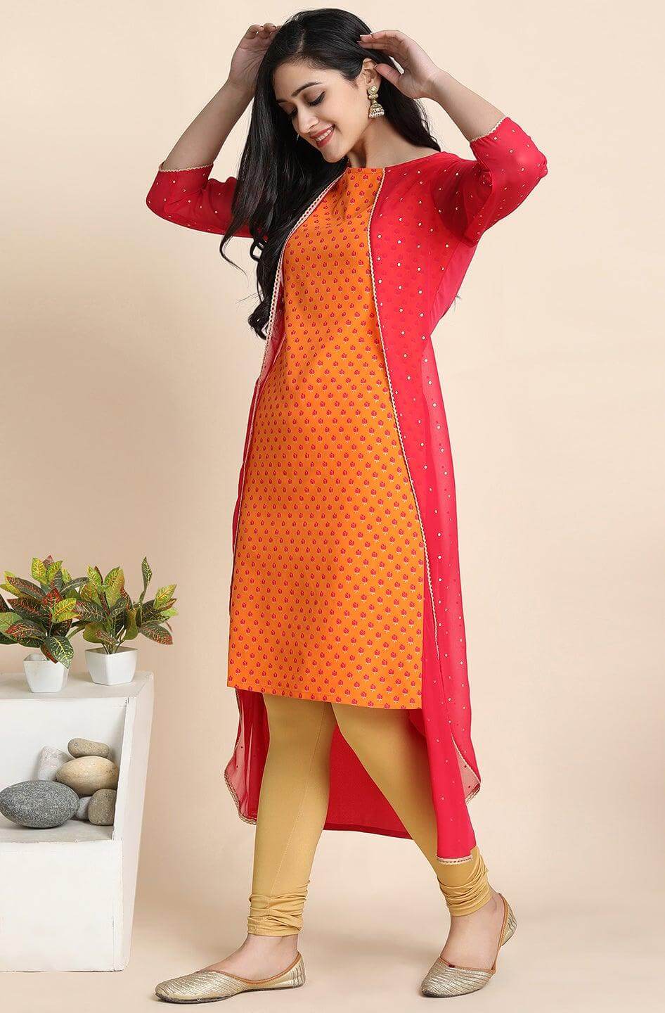 Orange Poly Crepe Floral Print A-Line With Attached Jacket Kurta