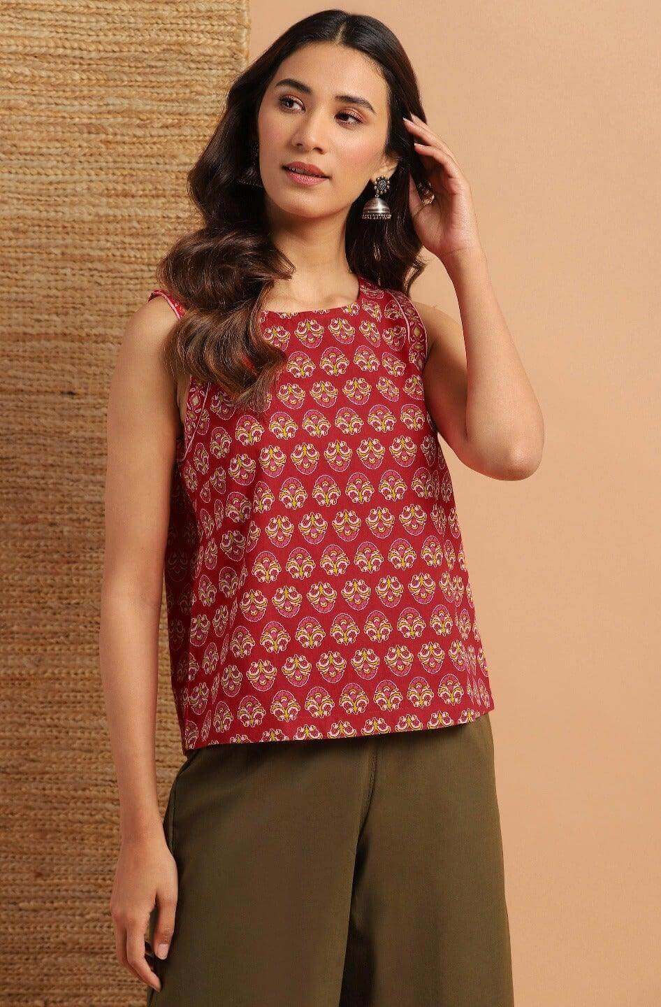 Maroon Cotton Slub Solid Regular Top