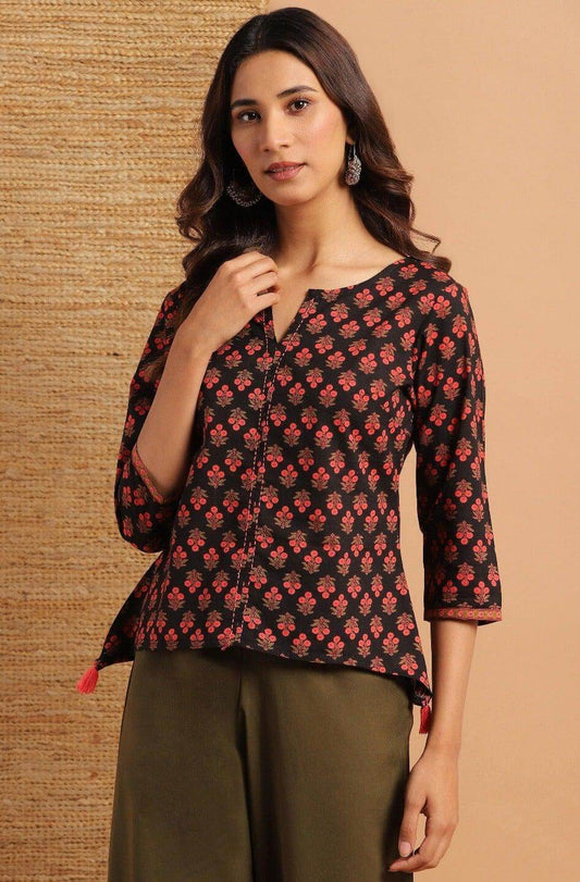 Black Cotton Floral Print Regular Top