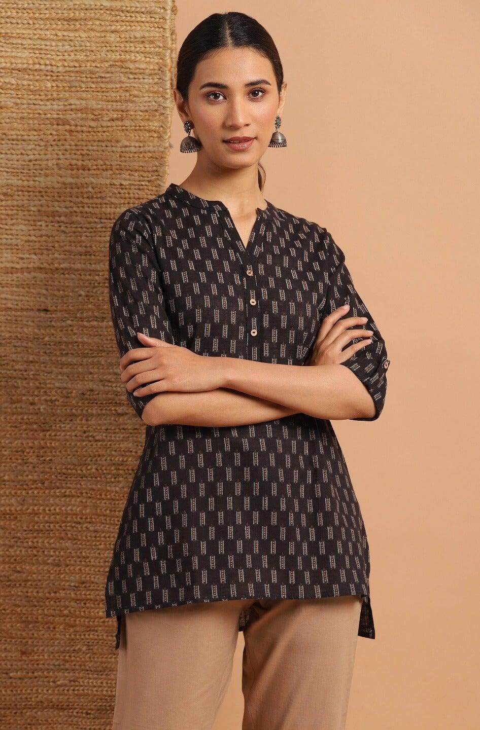 Black Cotton Slub Geometric Print Straight Tunic