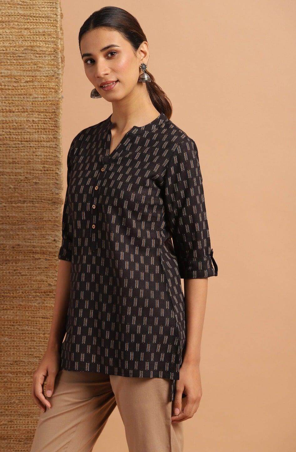 Black Cotton Slub Geometric Print Straight Tunic