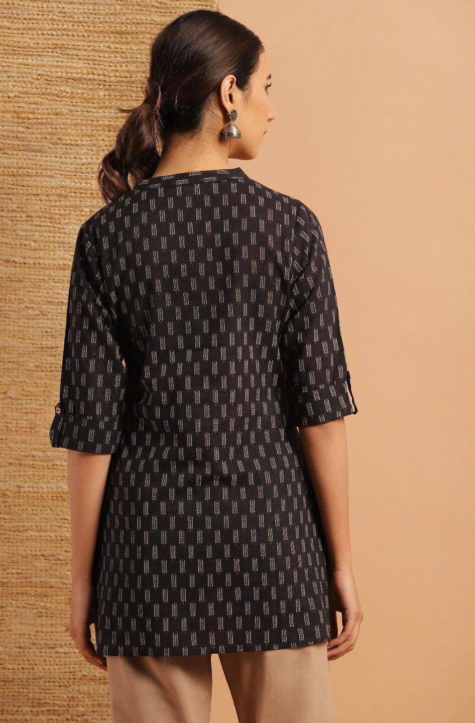 Black Cotton Slub Geometric Print Straight Tunic