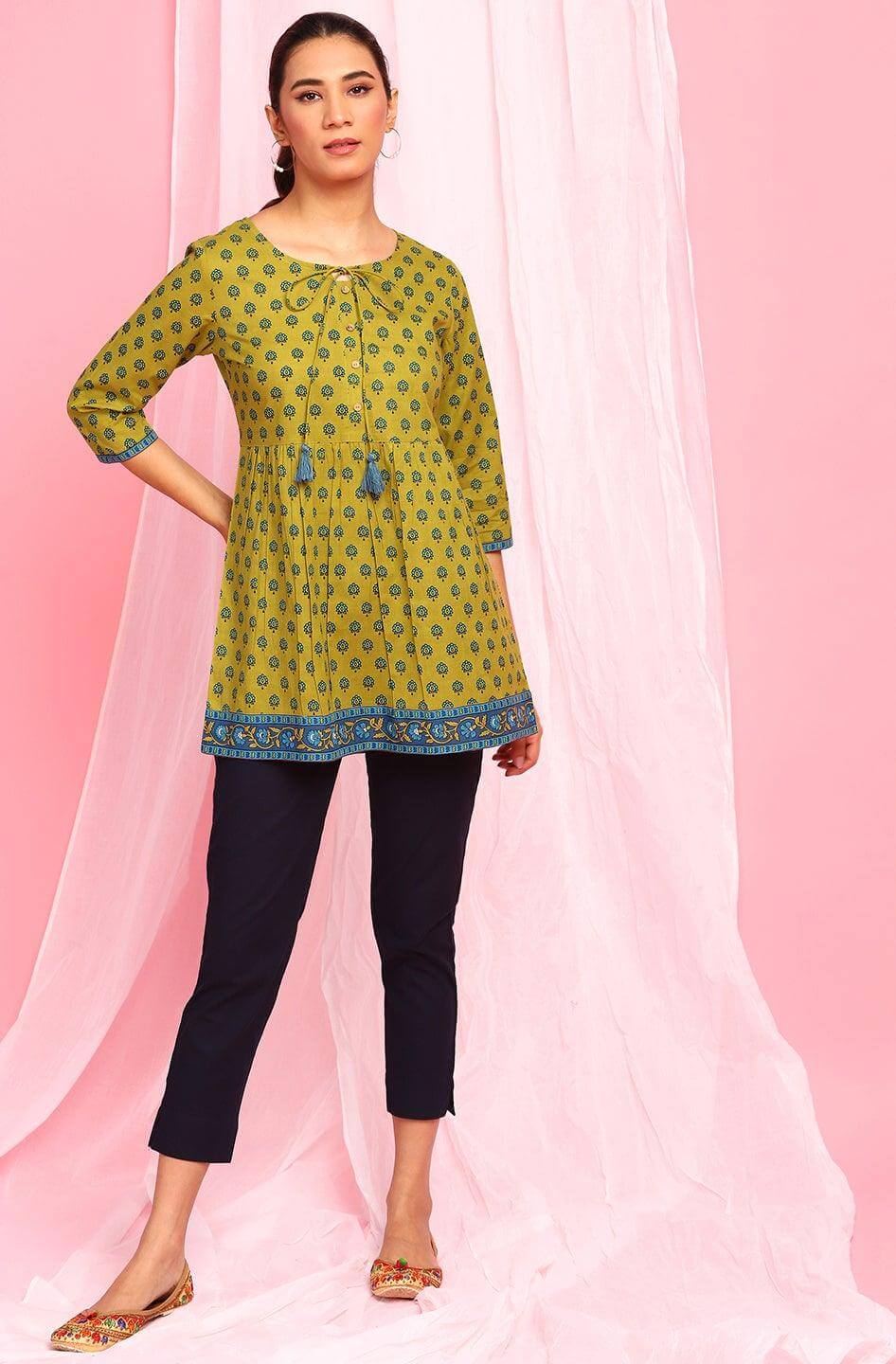 Green Cotton Ethnic Motifs Empire Waist Tunic