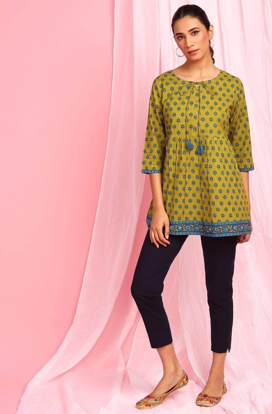 Green Cotton Ethnic Motifs Empire Waist Tunic