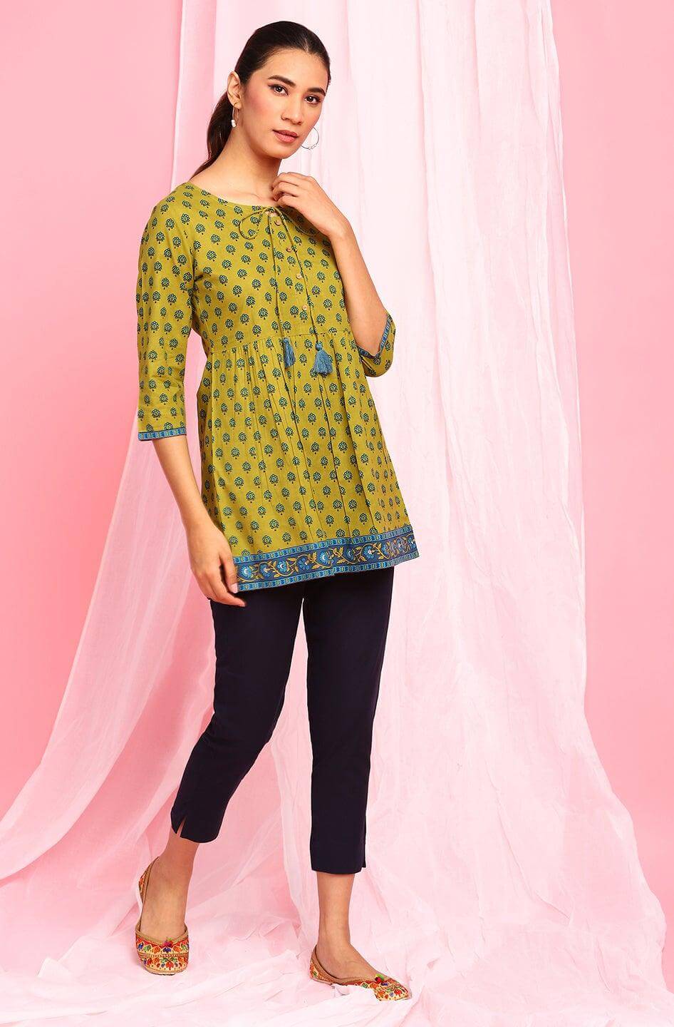 Green Cotton Ethnic Motifs Empire Waist Tunic