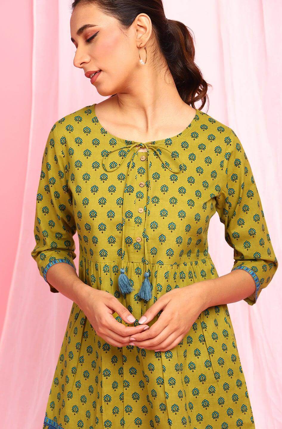 Green Cotton Ethnic Motifs Empire Waist Tunic