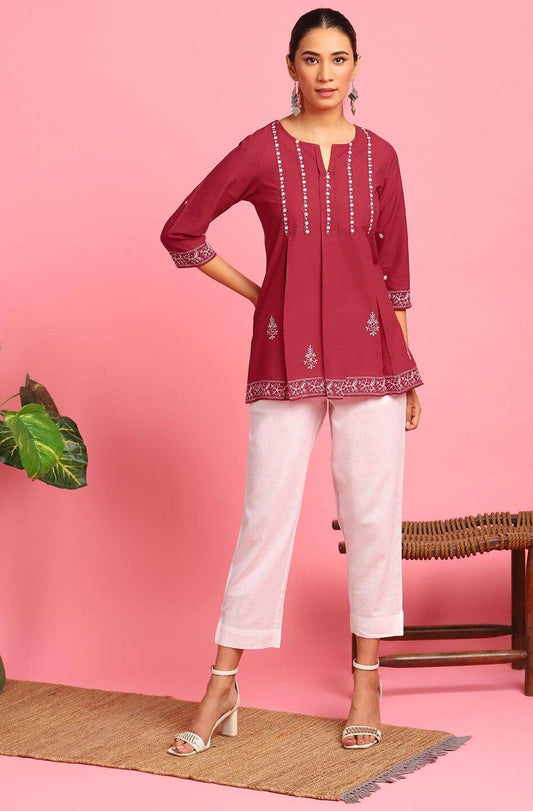 Maroon Cotton Embroidered Trapeze Tunic