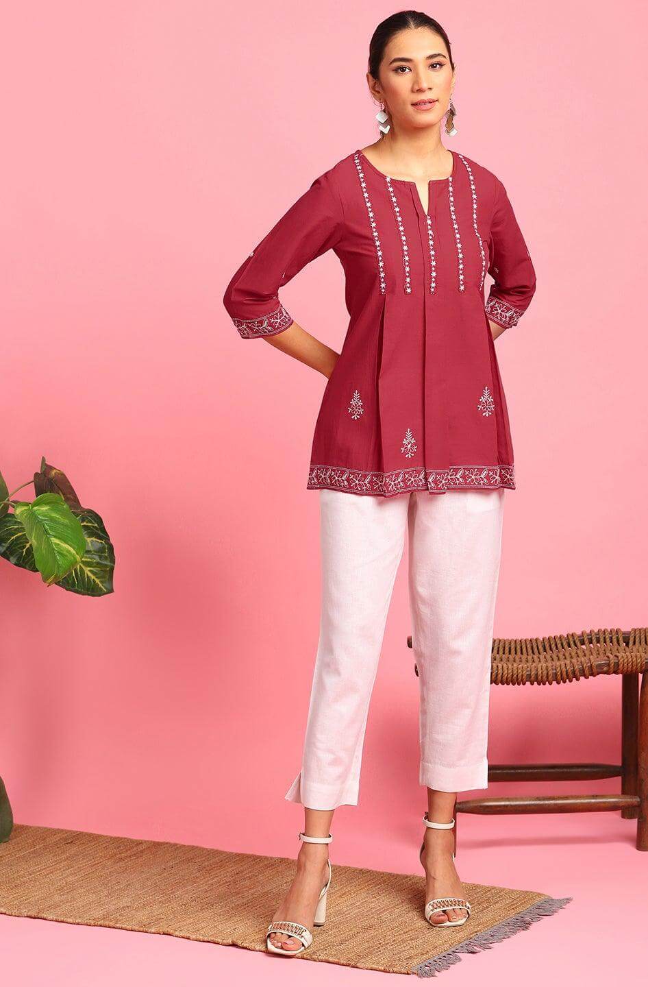 Maroon Cotton Embroidered Trapeze Tunic