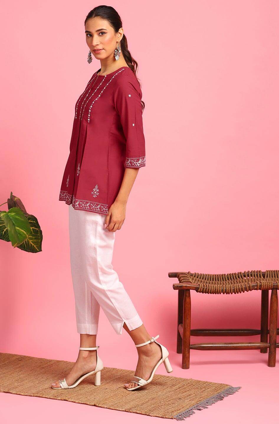 Maroon Cotton Embroidered Trapeze Tunic