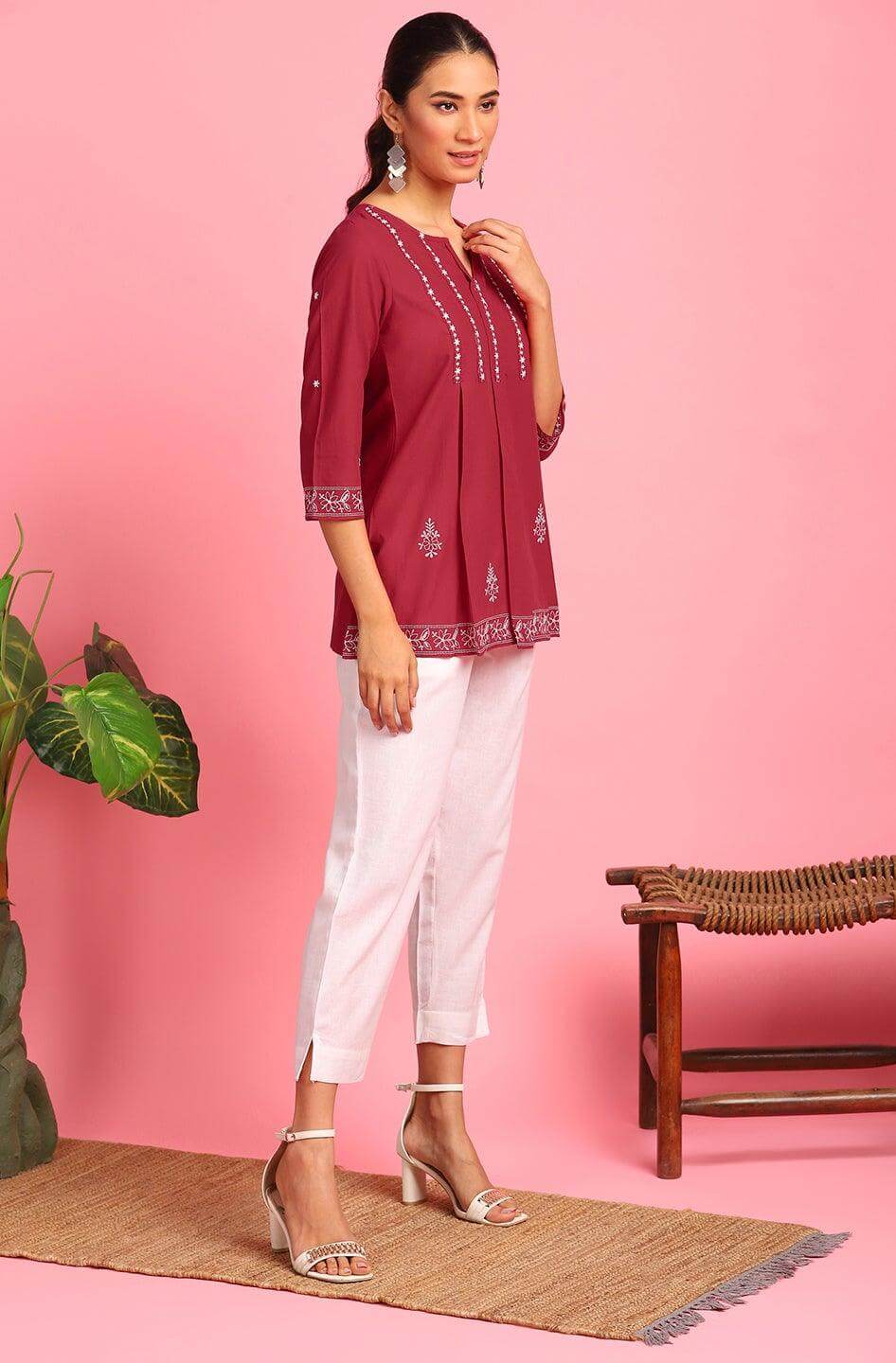 Maroon Cotton Embroidered Trapeze Tunic