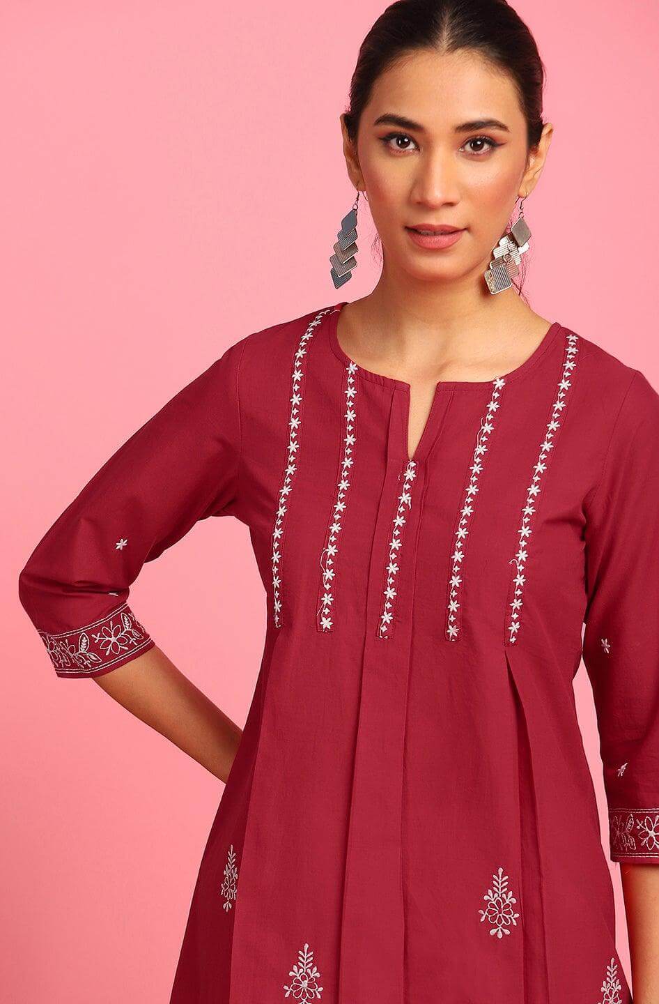 Maroon Cotton Embroidered Trapeze Tunic