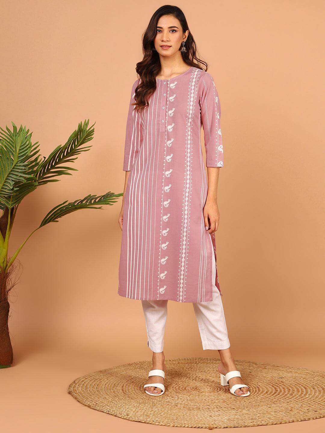 Pastel Pink Cotton Animal Print Straight Kurta