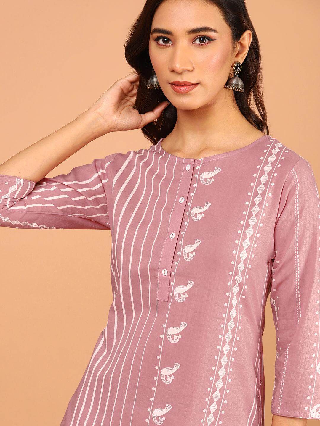Pastel Pink Cotton Animal Print Straight Kurta
