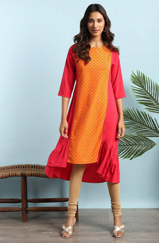 Orange Poly Crepe Floral Print A-line Kurta