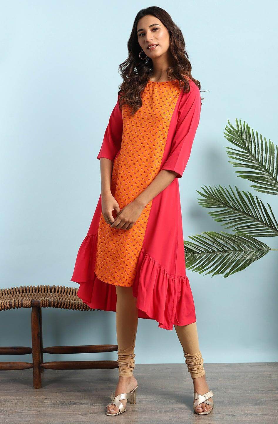 Orange Poly Crepe Floral Print A-line Kurta