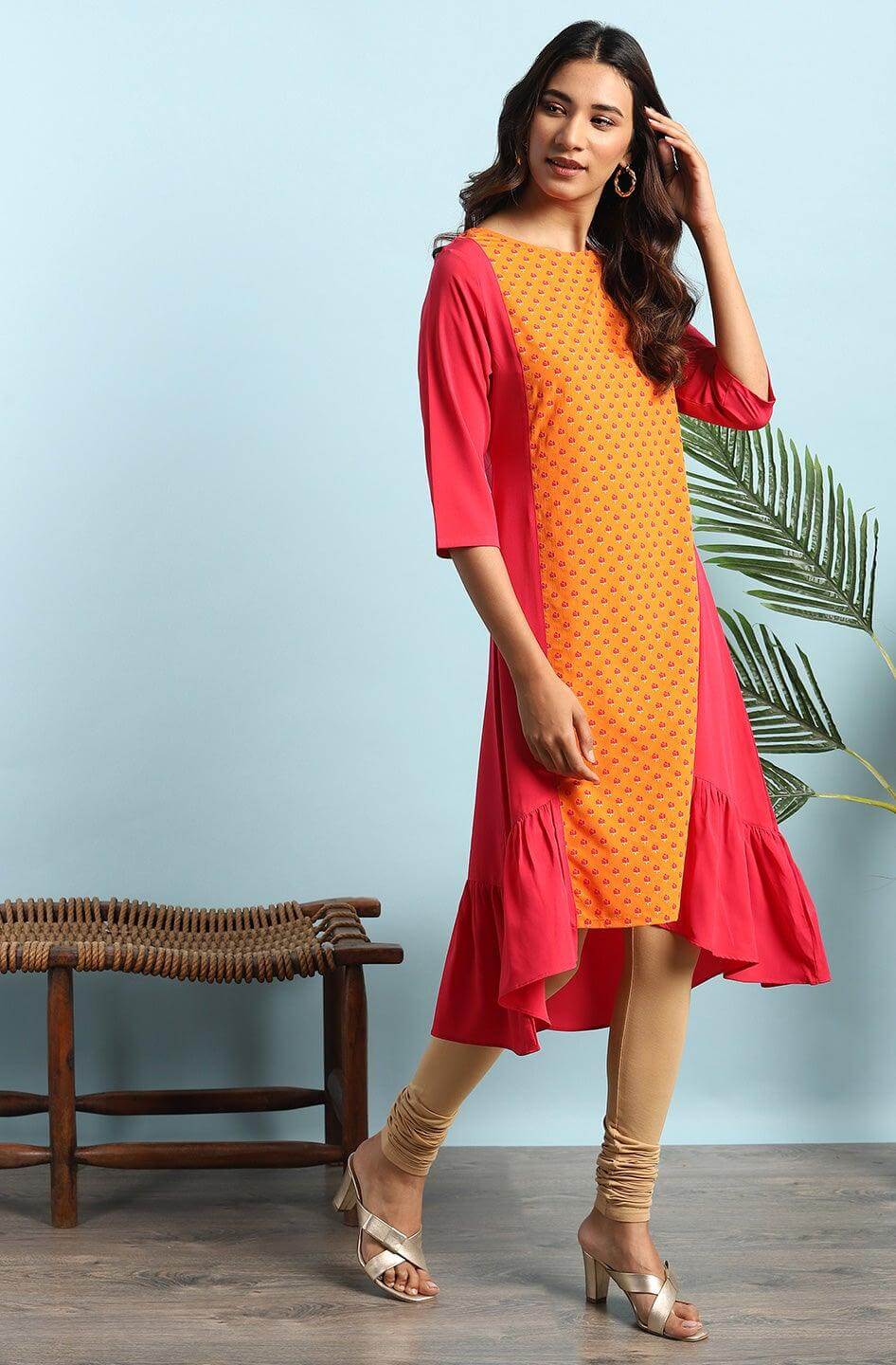 Orange Poly Crepe Floral Print A-line Kurta