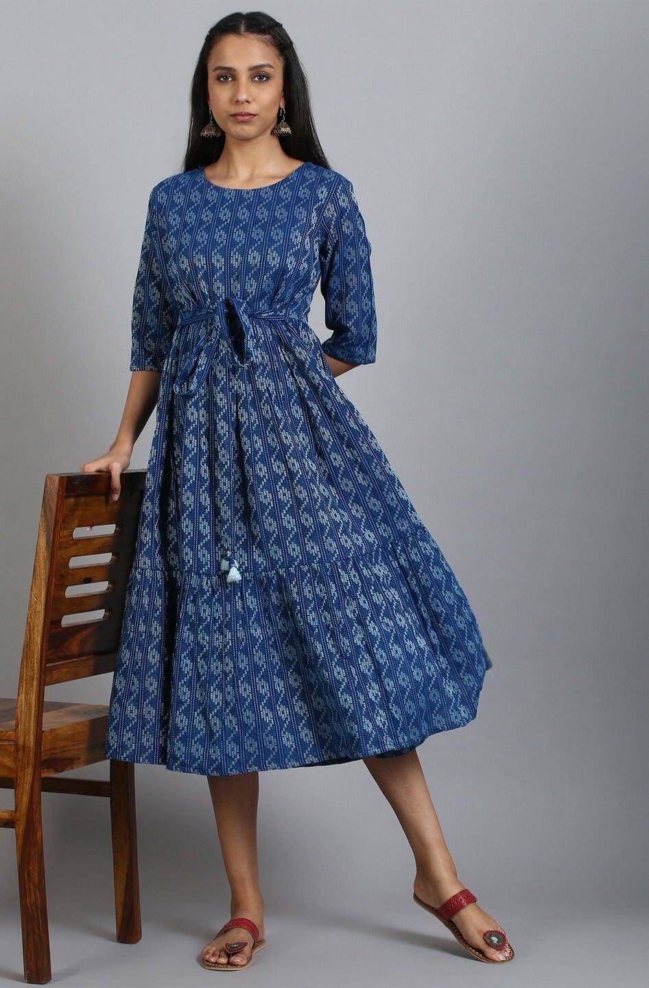 Blue Cotton Woven Design Flared Western Dress