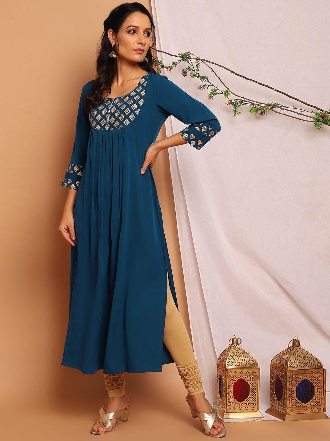 Teal Poly Crepe Ethnic Motifs Straight Kurta