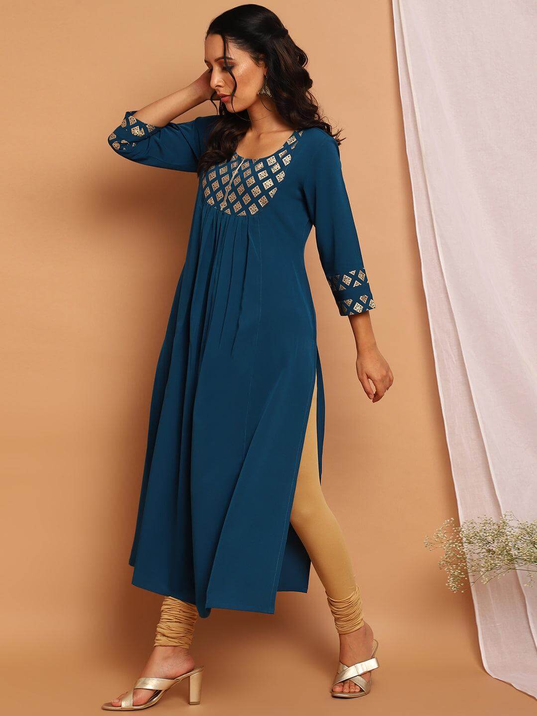 Teal Poly Crepe Ethnic Motifs Straight Kurta