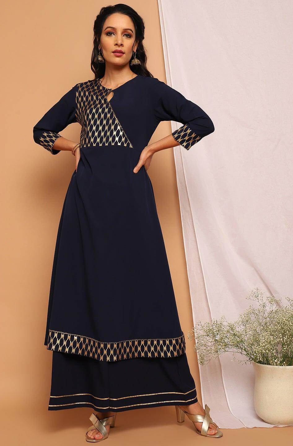 Navy Blue Poly Crepe Ethnic Motifs Flared Kurta